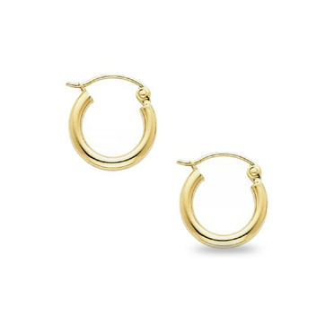 Small Round Hoop Earings Solid 14k Yellow Gold Diamond Cut Polished Finish Genuine Classic 15 x 2 mm 